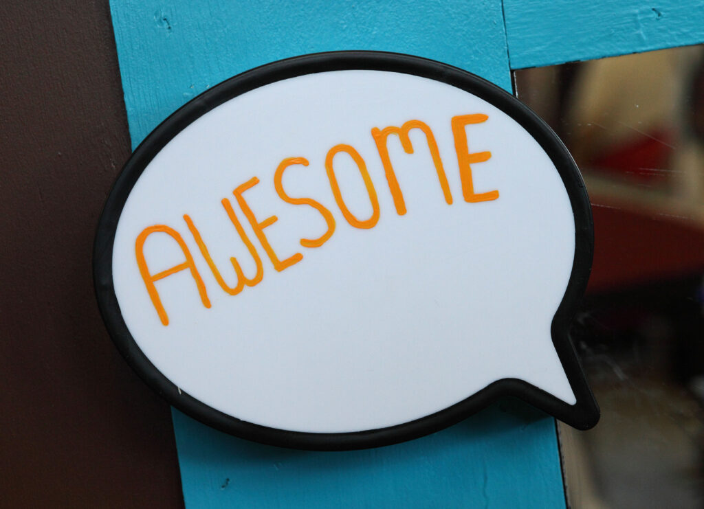 Color photo of word bubble that has the word "Awesome" written in it.  
