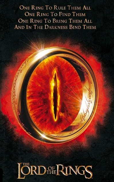 Movie poster for The Lord of the Rings, with a large burning eye encircled by a gld ring, with text that says "One ring to rule them all, one ring to find them, one ring to bring them all and in the darkness bind them"
